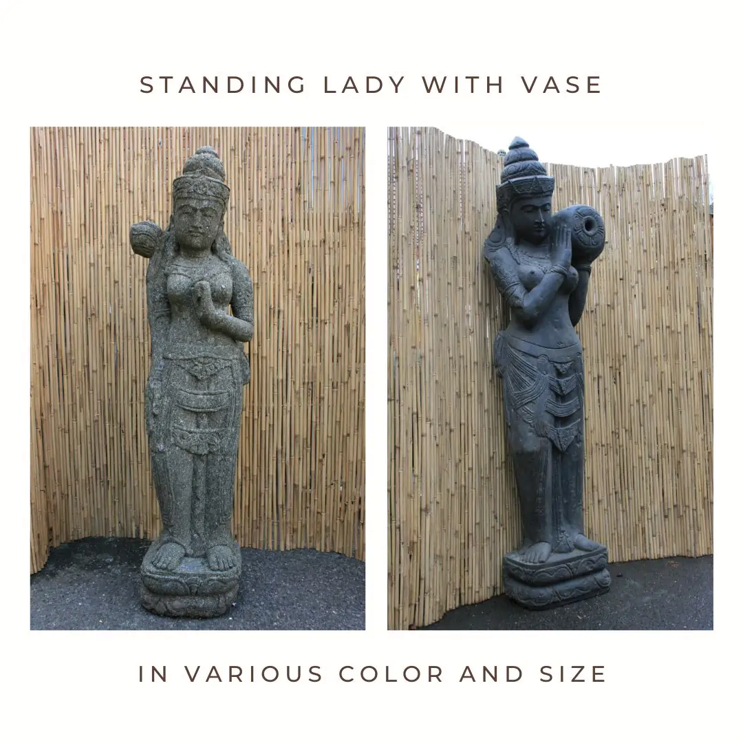  Product image 1 of the product “Standing Lady (Sri Dewi) with vase, in the sizes from 80cm to 200cm. Natural and Antique finish ”